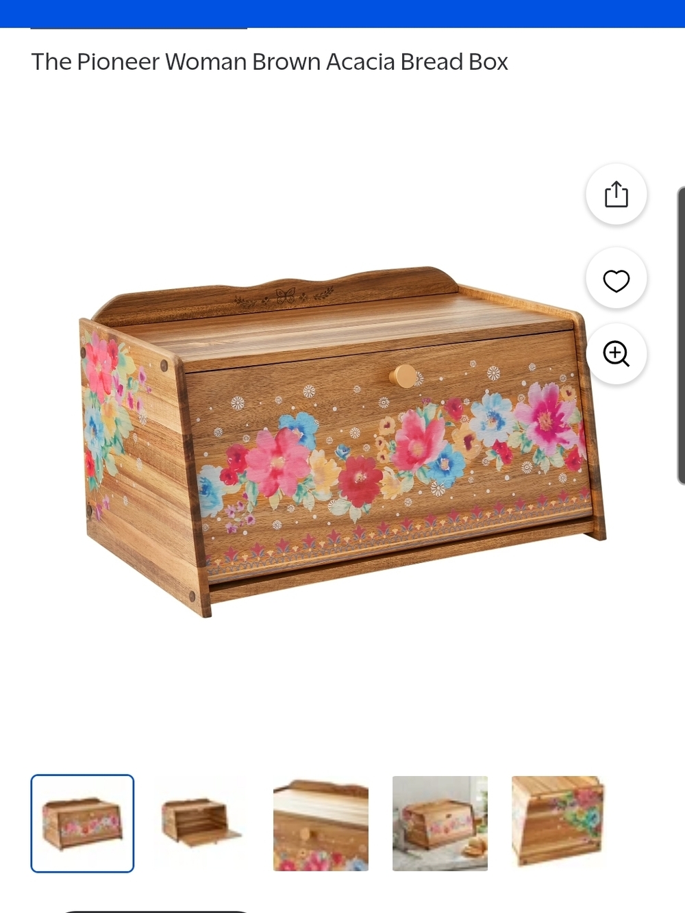 The Pioneer Woman Floral Acacia Wood Bread Box in Brown with Pink & Blue Flowers